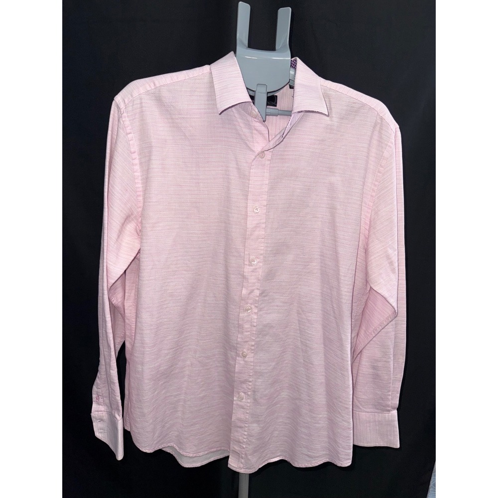 Quieti Mens Light Pink Textured Button Down Shirt Contrast Trim Fine‎ Cotton L